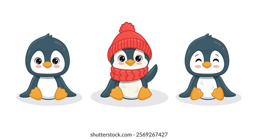 set of cute cartoon penguins isolated on white. Illustration in flat style for christmas card. Funny penguin in hat. Vector illustration.