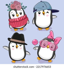Set of cute cartoon Penguins on a blue background