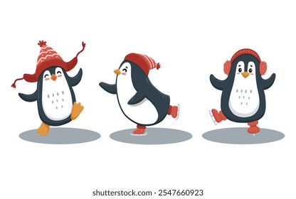 Conjunto de lindos pingüinos de dibujos animados está patinando. Ilustración en estilo plano para la tarjeta de Navidad. Un pingüino gracioso. Ilustración vectorial.