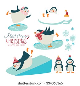 Set of cute cartoon penguins, vector illustrations for greeting cards.