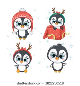Set of cute cartoon penguins with xmas antler