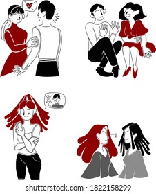 Set with cute cartoon people in flat style.  The topic of problems in love relationships.  Parting, unrequited love, betrayal, rivalry.  Vector graphics, design elements, white background.