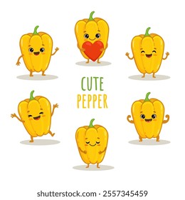 set of cute cartoon pepper characters with emotions. Cute pepper with smile isolated on white background. Pepper in different poses. Vector illustration.
