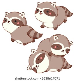 Set of cute cartoon pet. Baby collection of lovely little raccoon in different poses. Sweet baby animal in kawaii style. Can be used for t-shirt print, sticker, greeting card design. Vector EPS8