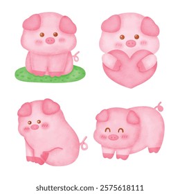 Set of Cute Cartoon Pig Illustration
