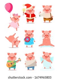 A set of cute cartoon piglets in different actions. Vector illustration in flat cartoon style.