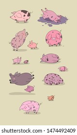 Set with cute cartoon pigs. Farm animals. Pig in different poses 