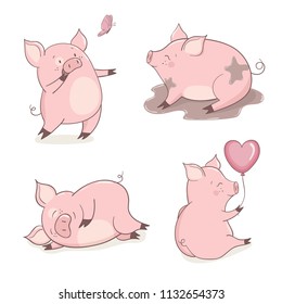 Set of cute cartoon pigs isolated on white. Vector illustration.