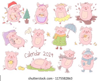 Set of cute cartoon pigs. Perfect for calendar design.