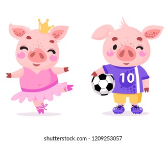 Set of cute cartoon pigs. Piggy football player with the ball, piggy princess with a crown. Vector illustration for calendar, card, banner, postcard and printable. Chinese New Year.