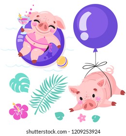 Set of cute cartoon pigs. Piggy on the beach with a cocktail, piggy flying on a balloon. Vector illustration for calendar, card, banner, postcard and printable. Chinese New Year.