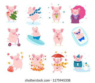 Set of cute cartoon pigs. Vector illustration for calendar, card, banner, postcard and printable