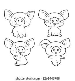 Set of cute cartoon pigs. Vector isolated illustration. Can used for coloring book, printing on clothes, banners, posters, web design.