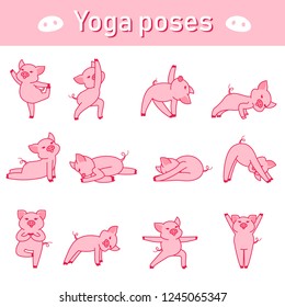 Set cute cartoon pigs Sexy pig doing yoga  Vector illustration for calendar  card  banner  postcard 