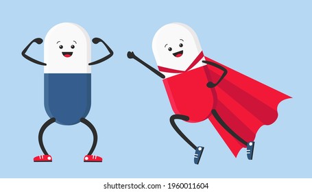 Set Of Cute Cartoon Pill Capsules With Kawaii Face Shows Biceps And Flies Like A Superman With A Cloak. Vector Illustration