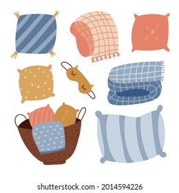 Set of cute cartoon pillows, blankets and plaids. Hygge Interior decoration textile elements. Hand drawing isolated objects on white background. Vector flat hand drawn illustration.