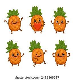 set of Cute cartoon pineapple characters with emotions. Cute pineapple with smile isolated on white background. Vector illustration.
