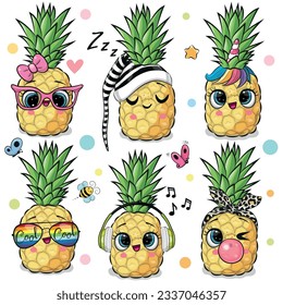 Set of Cute Cartoon Pineapple with eyes on the white background