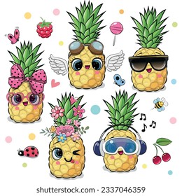 Set of Cute Cartoon Pineapple with eyes on the white background