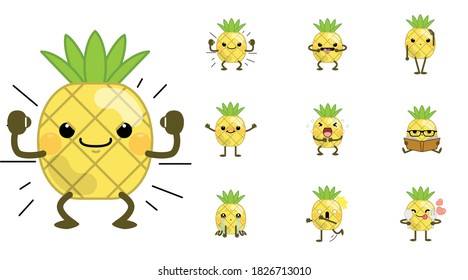 Set of cute cartoon pineapple isolated on white background. Vector Illustration.