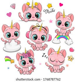 Set Cute Cartoon Pink Kittens Unicorns isolated white background