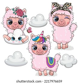 Set of Cute Cartoon Pink Lama on a white background