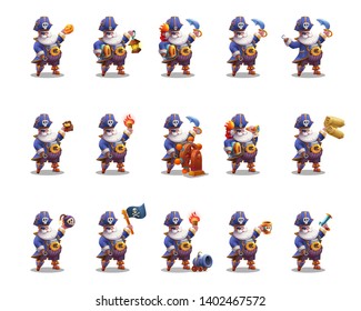 Set of cute cartoon pirate, which holds different objects . Vector illustration isolated on white background.