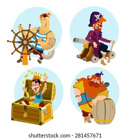 Set of cute cartoon pirates men isolated on white background.