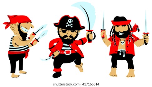Set with cute cartoon pirates with weapon