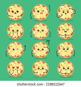Set of cute cartoon pizza mascot with emotions and facial expressions.Flat vector illustration
