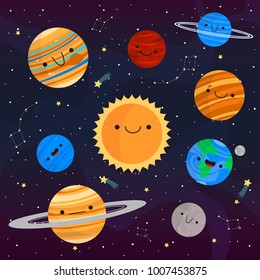 set with cute cartoon planets with funny faces on cosmic background. can be used for cards or like posters