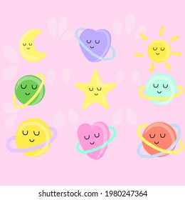 Set of cute cartoon planets, heart shape and sun with funny faces stickers.