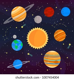 set with cute cartoon planets on cosmic background. can be used for cards or like posters