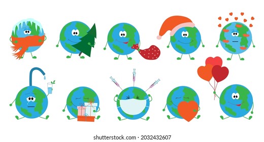 Set with cute cartoon planets on an isolated background. Character in action. Vector illustration. Earth. Flat.