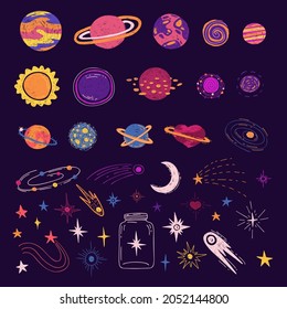 Set of cute cartoon planets, space bodies, stars. Print design with stars, planets, constellations and universes. Vector.