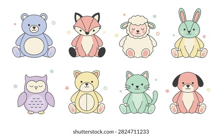 Set of cute cartoon plush stuffed animals featuring bear fox sheep rabbit owl cat and dog characters for children nursery decor designs.