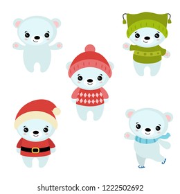 Set of cute cartoon polar bear. Christmas theme.