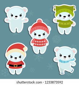 Set of cute cartoon polar bear. Christmas theme.