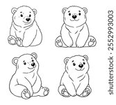 Set of cute cartoon polar bears. Line Art Vector Collection. Adorable Baby White polar bear line sketch set. Outline vector illustration of animal. Childish t shirt print design