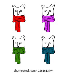 Set of cute cartoon polar bears in warm scarf of different colors. Hand drawn line art character for Christmas, New Year and winter holidays greeting card. Vector illustration
