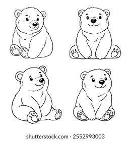 Set of cute cartoon polar bears. Line Art Vector Collection. Adorable Baby White polar bear line sketch set. Outline vector illustration of animal. Childish t shirt print design