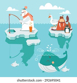 Set of cute cartoon polar north inhabits sitting on icebergs. White polar bear,penguin,walrus and seagull. Cartoon characters. Vector illustration