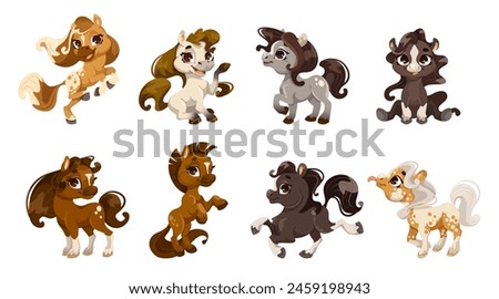 Set of cute cartoon ponies in various poses on a white background, vector illustration representing a playful concept. Vector illustration