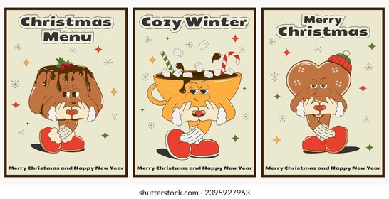 set of cute cartoon posters with Christmas characters: gingerbread cookies, cupcake, cocoa with sweets. Groovy vector illustration in retro style of the 60s-70s. Festive print, stickers, cafe menu.