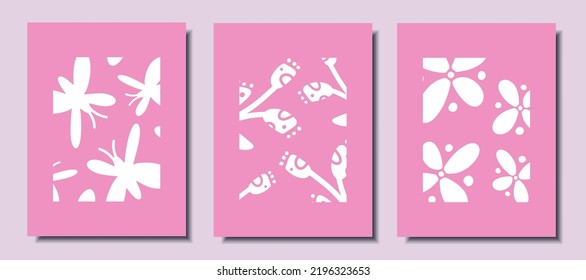Set of cute cartoon posters. Posters with flowers and butterflies. Vector illustration.