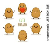 set of Cute cartoon potato characters with emotions. Cute potato with smile isolated on white background. Potato in different poses. Vector illustration.