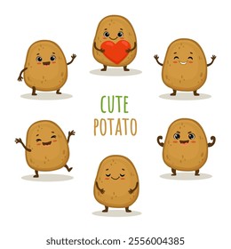 set of Cute cartoon potato characters with emotions. Cute potato with smile isolated on white background. Potato in different poses. Vector illustration.