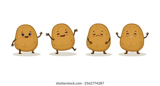 set of cute cartoon potato characters with emotions. Cute potatoes in different poses isolated on white background. Vector illustration.