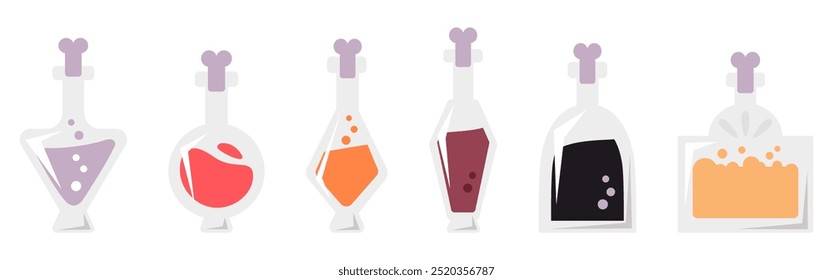 Conjunto de lindas pociones de dibujos animados en botellas de diferentes Formas. Halloween, Elementos de brujería. Ilustración plana aislada sobre un fondo blanco