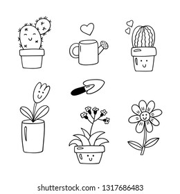 Set of cute cartoon potted plants. Vector clipart.